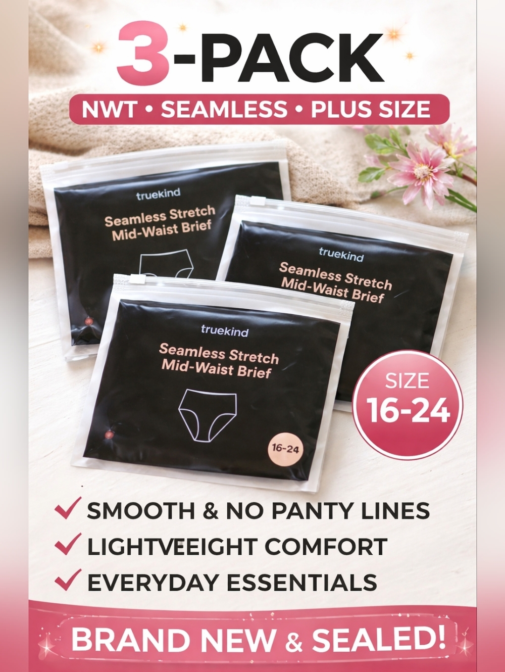 NWT Truekind Seamless Mid-Waist Brief 3-Pack | Smoothing Shapewear | Plus 16–24